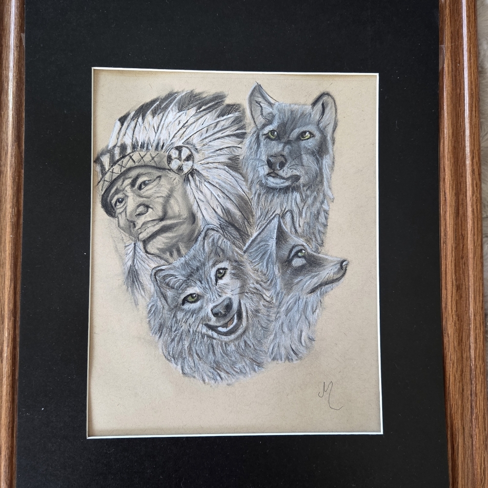 Original With FrameNative American and Wolf Art 13 X 16